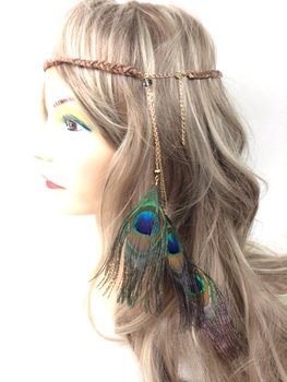 Letitetty Hiuspanta Ruskea Riikinkukon Sulilla | Ibiza Boho -tyyli (1 kpl)