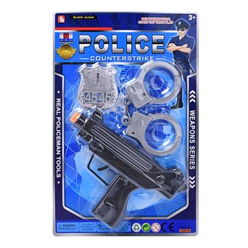 Poliisi-leikkisetti konetuliaseella, k&auml;siraudoilla ja merkill&auml; (6 kpl)