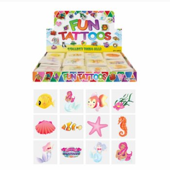 FUN TATTOOS - MALLI: MERENNEITO / MERMAID, 12x Tatuointia Pakkauksessa Myyntitelineessä (48 kpl)