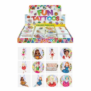 FUN TATTOOS - MALLI: HALTIATAR / FAIRY, Jokaisessa pakkauksessa 12x tatuointia DISPLAY-LAATIKOSSA (48 kpl)
