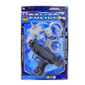 Poliisi-leikkisetti konetuliaseella, k&auml;siraudoilla ja merkill&auml; (6 kpl)