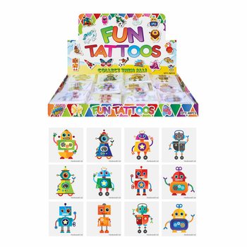 FUN TATTOOS - ROBOTTI, Jokaisessa pakkauksessa 12x tatuointia DISPLAYSSA (48 kpl)