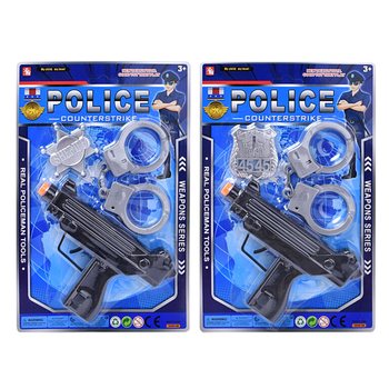 Poliisi-leikkisetti konetuliaseella, käsiraudoilla ja merkillä (6 kpl)