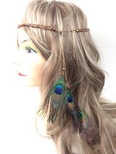 Letitetty Hiuspanta Ruskea Riikinkukon Sulilla | Ibiza Boho -tyyli (1 kpl)