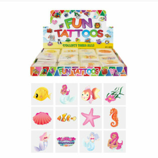 FUN TATTOOS - MALLI: MERENNEITO / MERMAID, 12x Tatuointia Pakkauksessa Myyntitelineess&auml; (48 kpl)