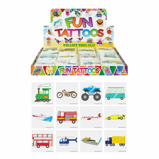 FUN TATTOOS - AJONEUVOT, 12 tatuointia per pussi telineess&auml; (48 kpl)