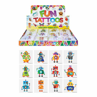 FUN TATTOOS - ROBOTTI, Jokaisessa pakkauksessa 12x tatuointia DISPLAYSSA (48 kpl)