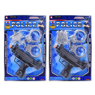 Poliisi-leikkisetti konetuliaseella, k&auml;siraudoilla ja merkill&auml; (6 kpl)